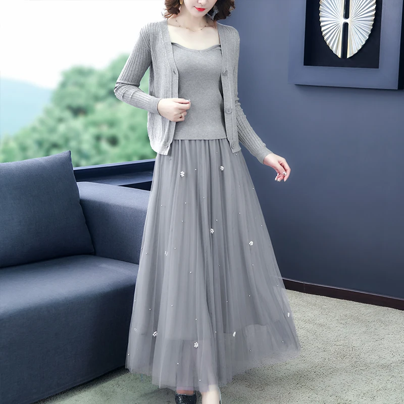 New Fashion Women Shirts Knitting Spaghetti Strap+ Open A Small Sweater Western Style Veil Three-piece Blouse Shirt 5057