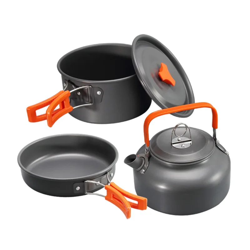 

3Pcs/Set Outdoor Picnic Tableware Camping Pot Trekking Pot Ultra-Light Portable Aluminum Alloy Cooking Water Pot Pan Kettle Set