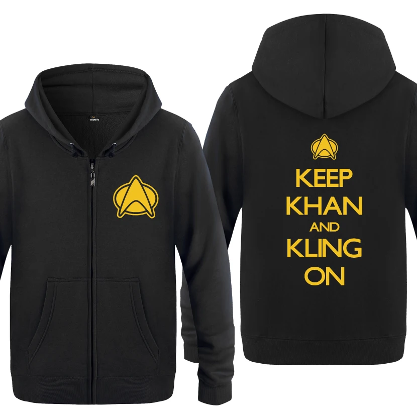 Keep Khan And Kling On, новинка, забавные толстовки для мужчин, мужские флисовые толстовки на молнии с капюшоном, кардиганы