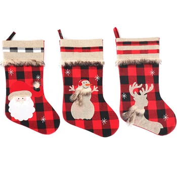 

Elderly Snowman Christmas Stocking/Linen Red and Black Plaid Elk Christmas Stocking Gift Bag/Christmas Atmosphere Decor
