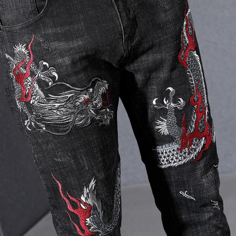 Jeans Men Europe US Style Denim Embroidery Gragon Slim Full Length Straight Bleached Male Jeans Casual Clothing Tide Wild