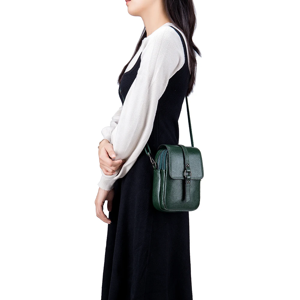 Women's Genuine Leather Small Shoulder Bag - Cute Crossbody Messenger with Double Zipper Pockets