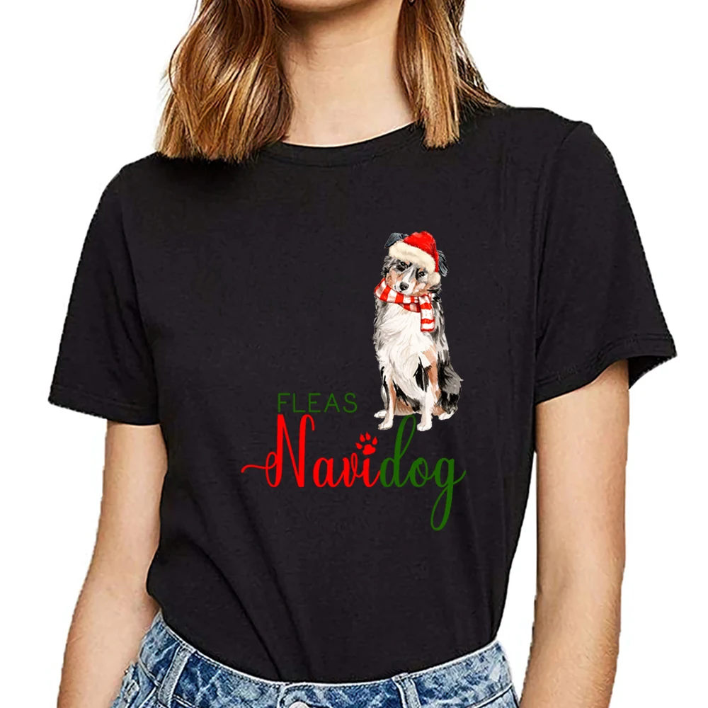 Топы футболка для женщин Австралийская овчарка забавные блохи navidog Рождество