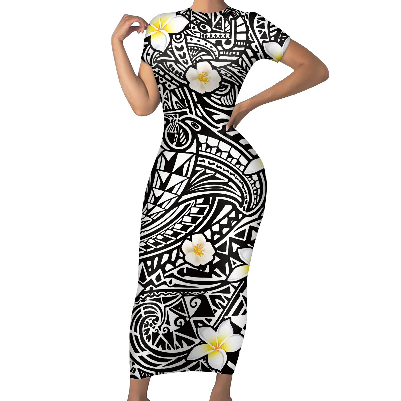 New High Quality Ladies Sexy Dress Polynesian Tribal Design Black on White Collocation Plumeria Prints Custom Pattern