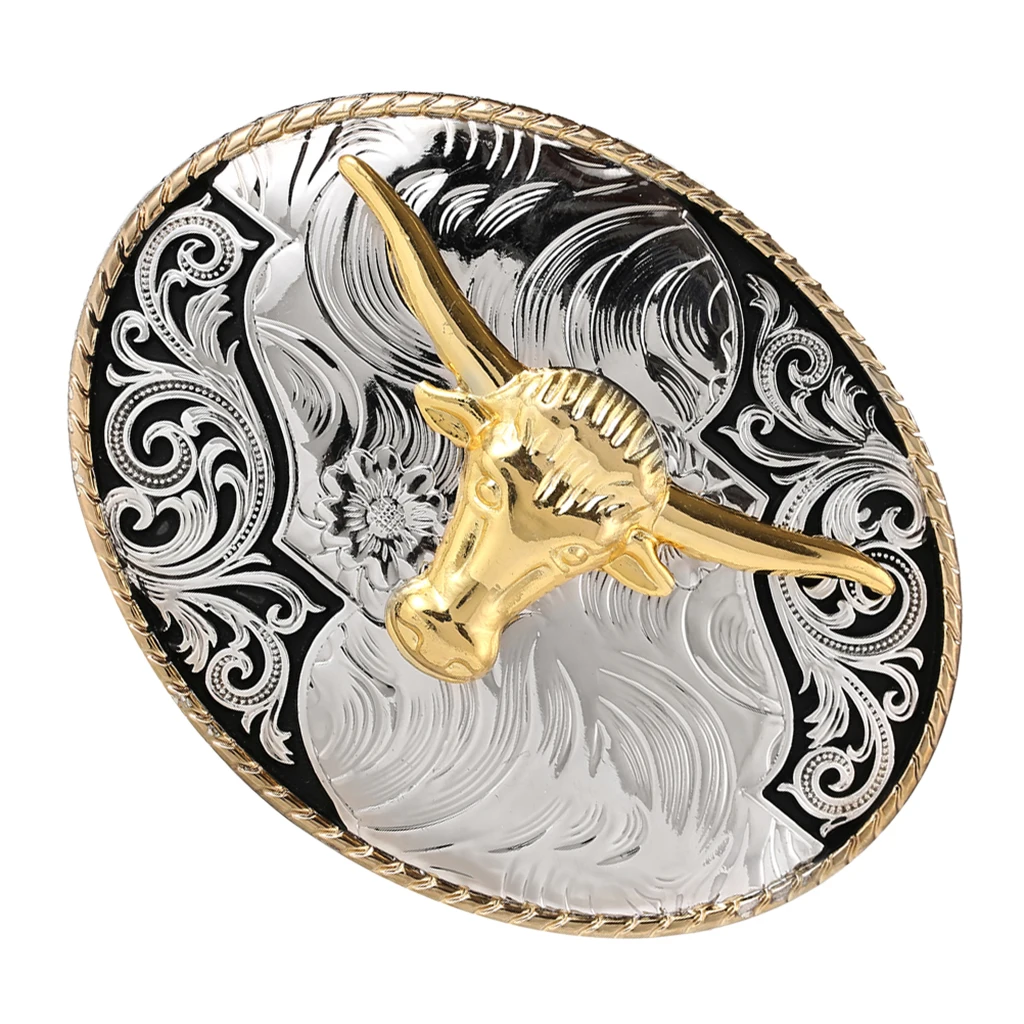 Fashion Western Belt Buckles Engraved Gold Horn Bull OX Head Rodeo Cowboy