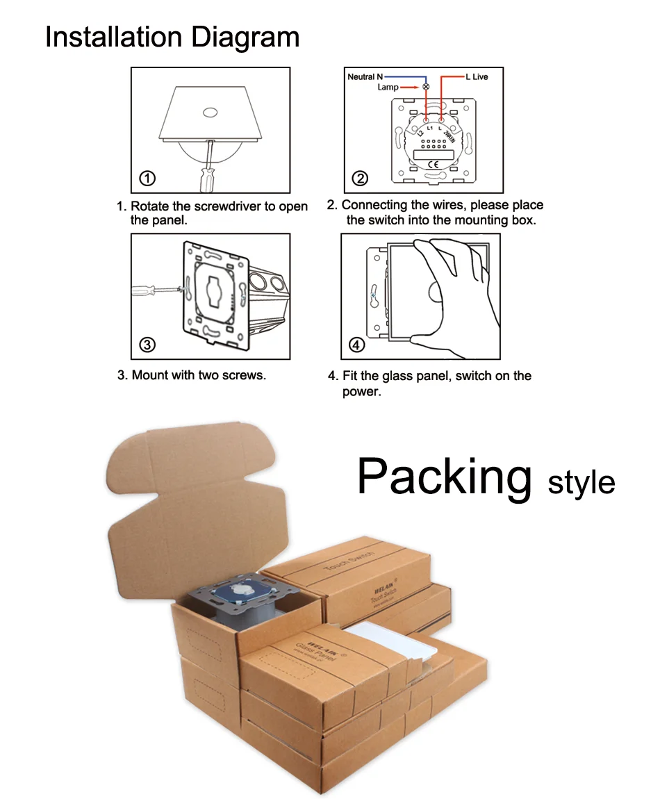 vidro-painel de controle remoto touch-switch-interruptor de luz de parede ac250v a1913cwr01