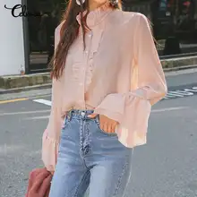Women Summer Chiffon Blouses 2020 Celmia Sexy Stand Collar Ruffles Shirts Spring Buttons Office Ladies Tops Flare Sleeve Blusas Women Summer Chiffon Blouses 2020 Celmia Sexy Stand Collar Ruffles Shirts Spring Buttons Office Ladies Tops Flare Sleeve Blusas