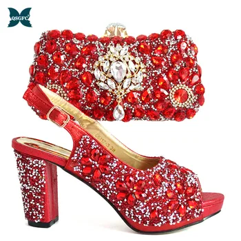 

2020 Newest Fashion Italian design Party Shoes and Bag Set Decorated with Rhinestone Women Shoes and Bag in Red Color