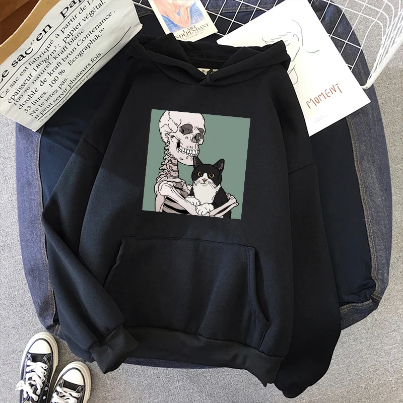 Sudadera con capucha vintage para mujer, de talla grande, informal, holgada, con estampado de calavera de gato, harajuku, de manga larga, hip-hop