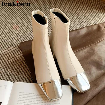 

Lenkisen Internet star mixed colors cow leather stretch boots med heels square toe Zip winter women keep warm ankle boots L63
