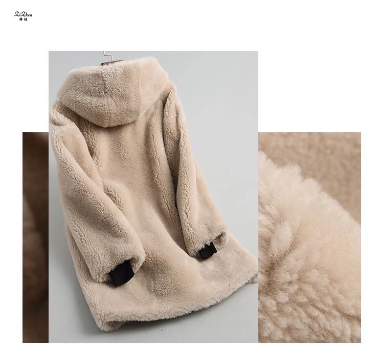 ZiZhen Natural Lamb Fur Jacket Solid Overcoat With Hood Thick Warm Fur Pockets Single Breasted NST18135