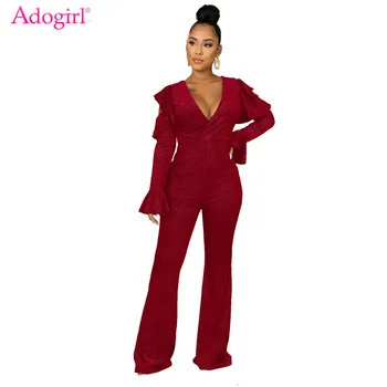 

Adogirl Shiny Diamonds Ruffle Flare Jumpsuit Women Sexy Deep V Neck Cold Shoulder Long Bell Sleeve Romper Night Club Overalls