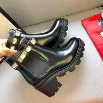 

Leather Ankle Boots Women Ladies Boots 2019 Brand Women Shoes Mortorcycle Boots Crystal Bota Feminina Chunky Heel Botas Mujer