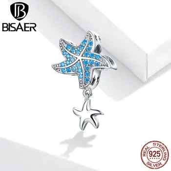 

BISAER Blue Starfish Dangle Charms 925 Sterling Silver Pendant Summer Little Starfish Zircon Beads for Bracelet Necklace EFC252