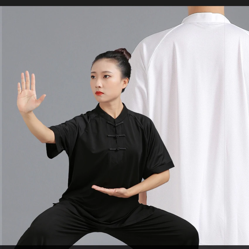 Martial Arts Clothing Men&s Morning Exercise Kung Fu Stage Costume Tai Chi Solid Color Short Sleeved Comfortable Bre