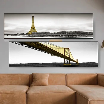 

Lake Black White Yellow Bridge Scenery Canvas Painting on the Wall Art Pictures Cuadros for Living Room Home Decoration Posters