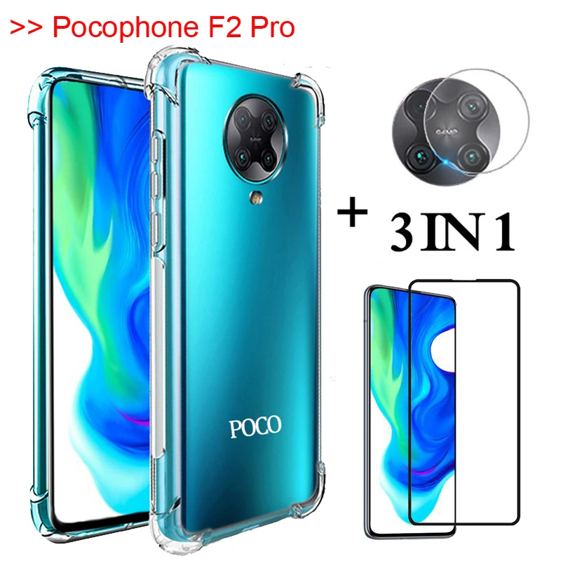 3-in-1 pelicula glass For pocophone poco f2 pro Transparent Airbag Case pocofone Armor BackCover xiaomi poco-f 2-pro | Мобильные