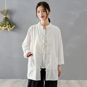 Johnature 2021 New Spring Vintage Women Shirts Cotton Linen Blouses Chinese Style Tops Stand Long Sleeve Button Pockets Shirts