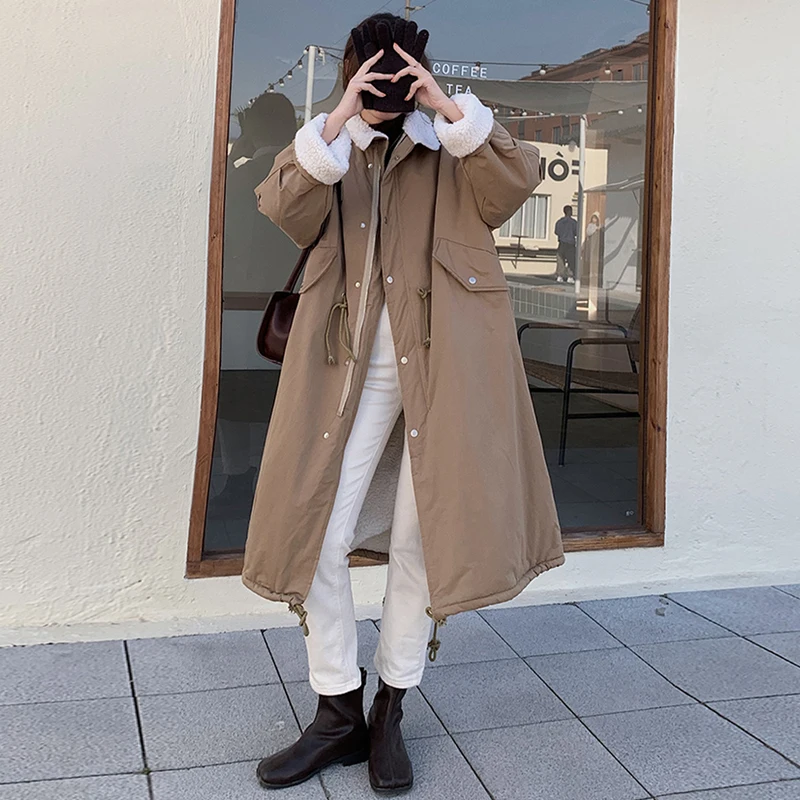 

Winter Women Faux Fur Wind Coat Lamb Wool Outerwear Simple Basic Fleeces Long Trench Thicken Loose Overcoat Female Windbreaker