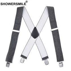 SHOWERSMILE Adult Suspenders Wide 5cm X Back Grey Mens Braces For Trousers Male 4 Clips Elastic Adjustable Suspender Belt 120cm
