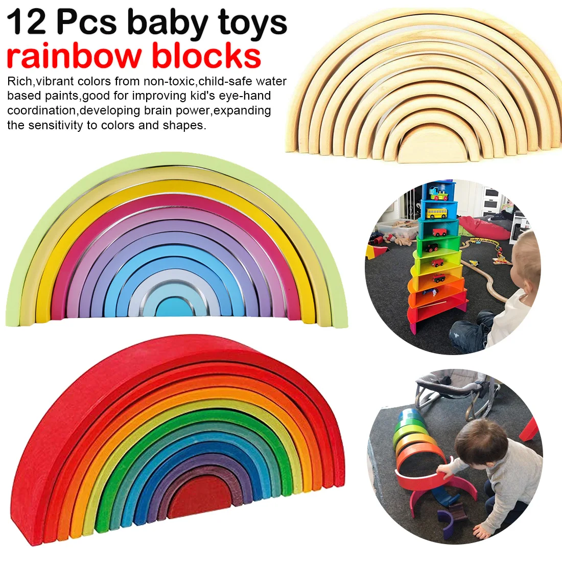 

12 Pcs/Lot Baby Toys Rainbow Blocks Wooden Rainbow Stacker Nesting Puzzle Creative Building Blocks Educational Toys
