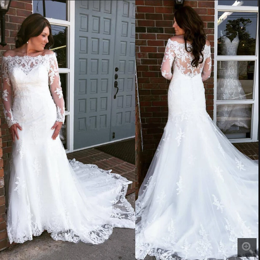 

Modest beaded Off the Shoulder Mermaid Wedding Dresses with Long Sleeves Lace Appliques Plus Size Bridal Gowns Vestido De Noiva