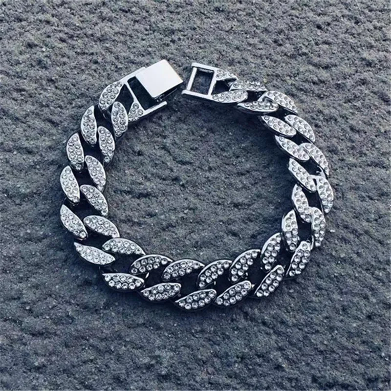 Silver Bracelet Золотое ожерелье+ часы+ браслет в стиле хип-хоп, кубинская цепочка в стиле «Майями», вымощенные стразы, CZ Bling Rapper для Мужчин, Ювелирные изделия - Окраска металла: Silver Bracelet