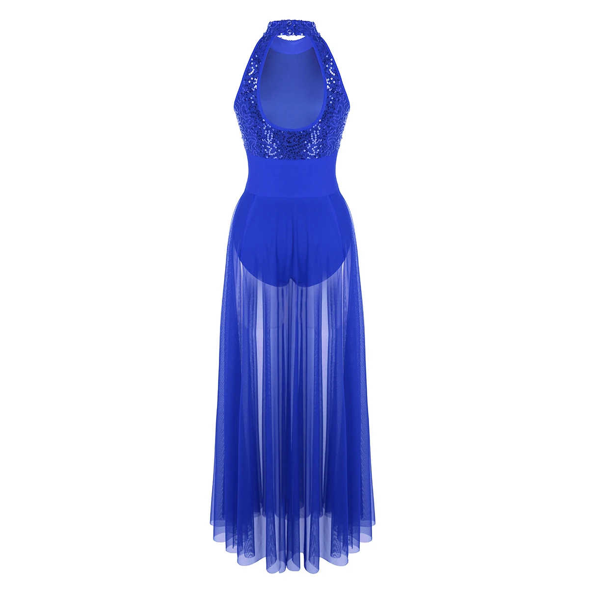 Traje de baile lírico para mujer, sin mangas, Halter, lentejuelas, Maxi, Ballet, baile de salón, vestido de actuación en escenario con leotardo incorporado
