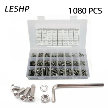 

300/1080PCS M2/M3/M4 Hex Button Head Screw Set Stainless Stee Flat Cap Button Head Hex Assortment Screw Kit Bolts Nuts