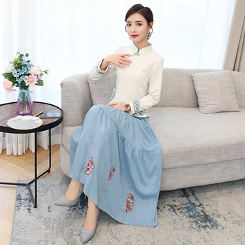 

Vintage Traditional Chinese Clothing Cheongsam Shirt Woman Cheongsam Blouse Cotton Linen Qipao Tops+skirt Chinese Tang Suit Set