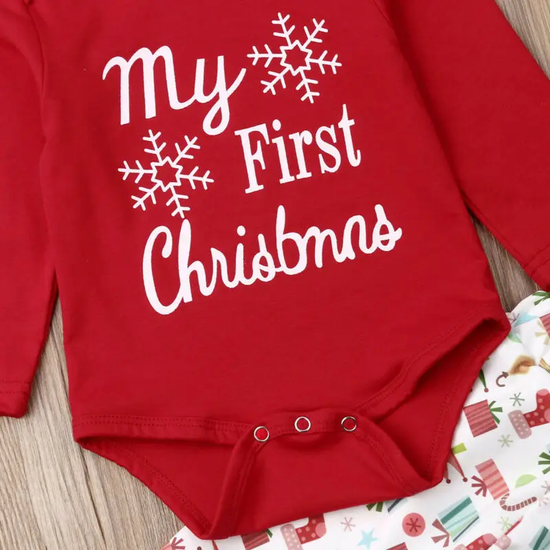 PUDCOCO 4Pcs Newborn Baby Girl Boy My First Christmas Costume Romper+Hat Clothes Outfits - Support the Festive Season image 4