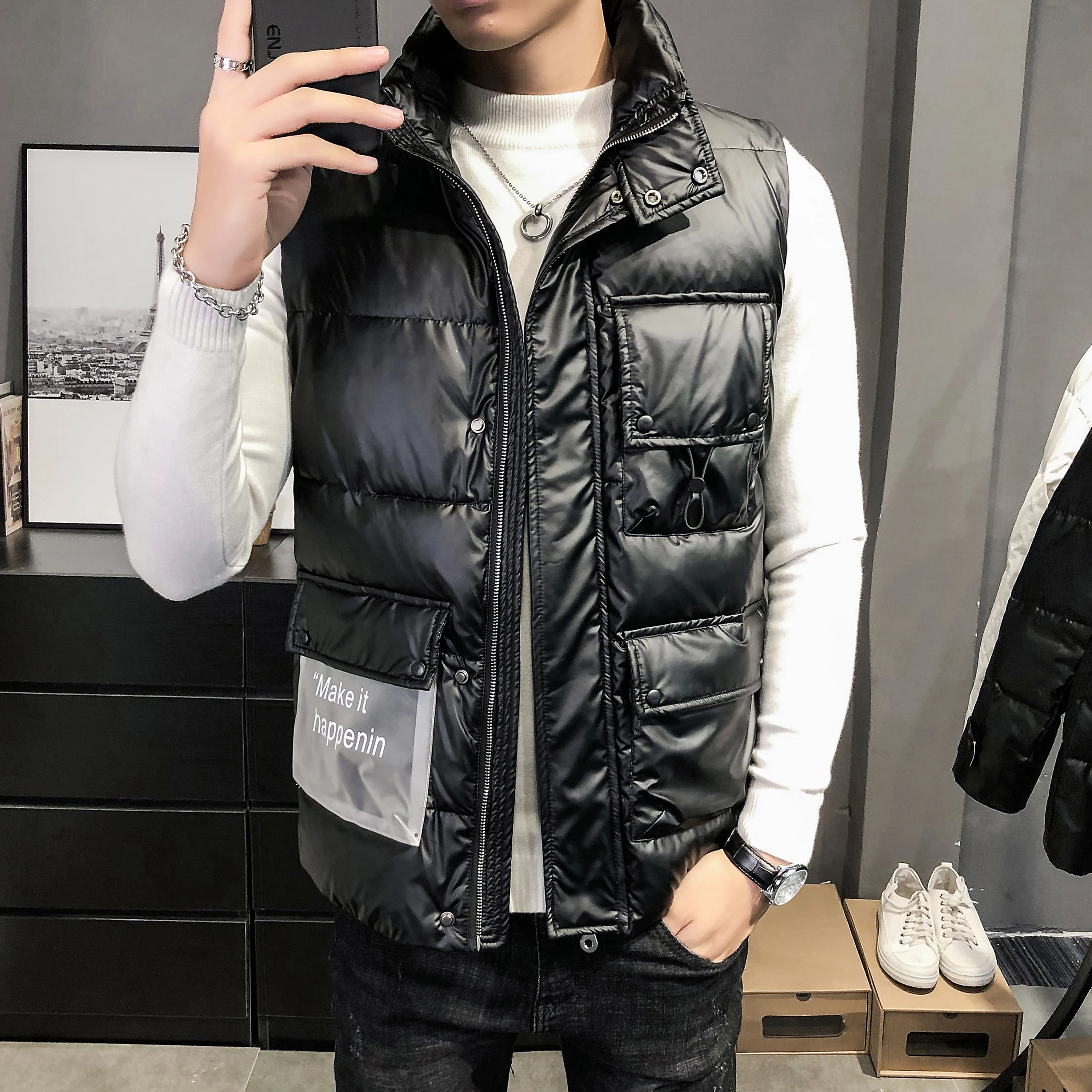 

Winter Warm Down Vest For Men Autumn Casual Male Down Parka Patchwork Big Pockets Sleeveless Jacket Mens Thick Waistcoat