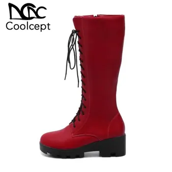 

CoolCept Knee High Boots Women New Winter Casual Thick Bottom Platform Shoes Women Zipper Lace Up Warm Knight Boots Size 34-43