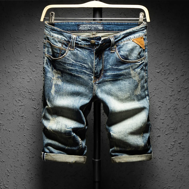 Mejor Compra SHANBAO tendencia de los hombres novedad de verano denim Pantalones cortos de mezclilla retro estilo antiguo de diseñador de cuero delgada agujero recto Short de dénim de algodón bVnaJWGag