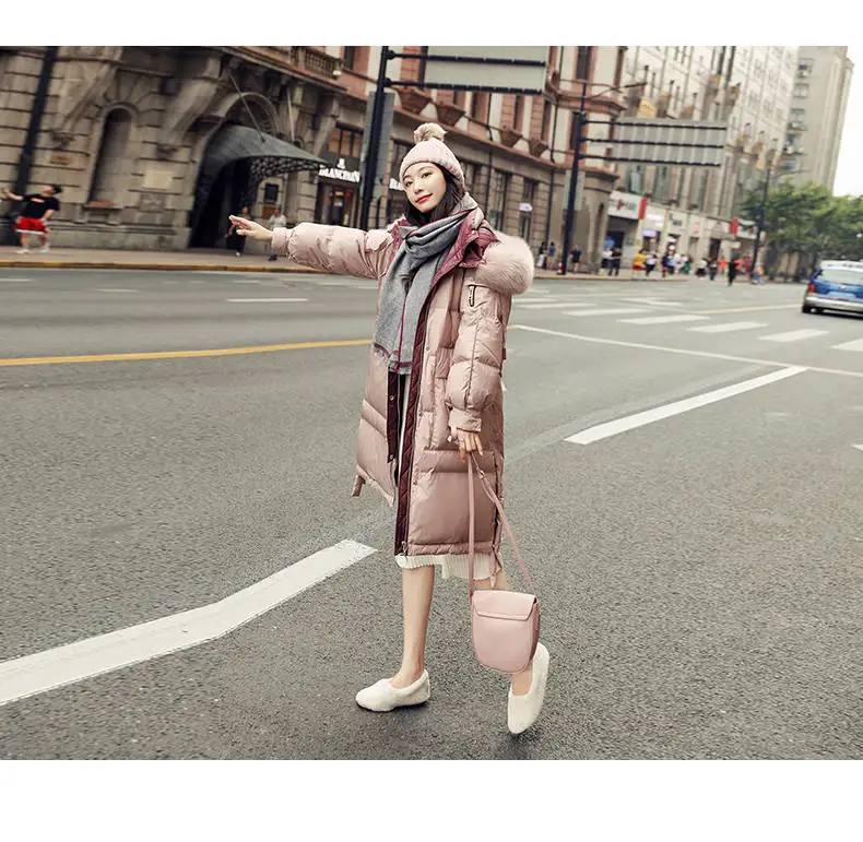 Bella Philosophy Wonder NEW Winter Real Raccoon Fur Hooded White Duck Down Coat pink Solid Thick Warm Loose Female Parkas