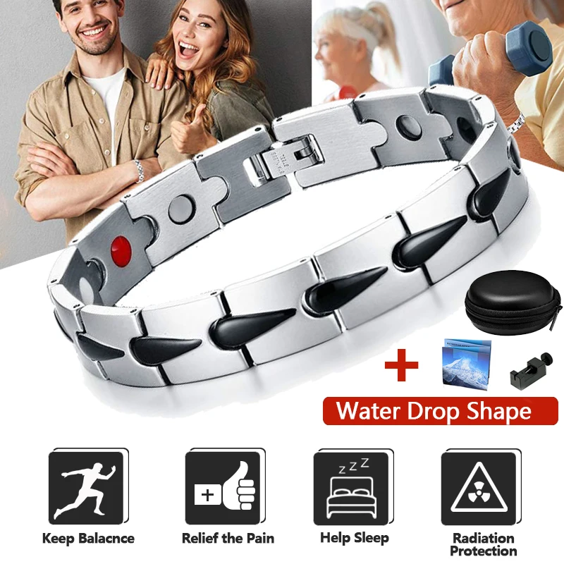 

Black Therapy Health Bracelet Men Anti Snore Stainless Steel 316L Water Drop Shape Bracelet for Arthritis Pain Relief
