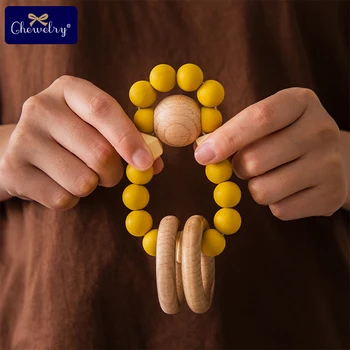 

Food Grade Silicone Beads Sunflower Wooden Ring Baby Silicone Teether Chew Rodents DIY Baby Teething Rattle For Kid Goods Gift