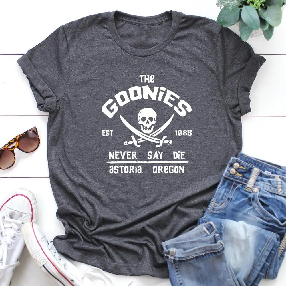 Camiseta de algodón con estampado de calavera gótica para mujer, 100% de Arte de Los Goonies Never Say Die unisex, moda hípster grunge