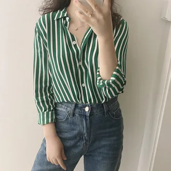

Women Shirt 2020 Early Spring New Green and White Stripe 100% Silk Shirt