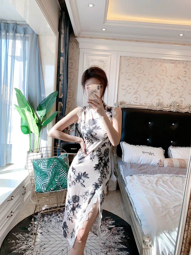 

2019 Summer New Style Sexy Nightclub Blue And White Porcelain Improved Mid-length Slit Lace Cheongsam Dress