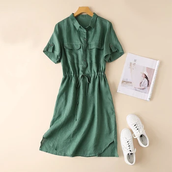 

New Women Solid turn down collar short sleeved Shirt Dress Elegant Loose Button Blue Fashion Casual Dress Ladies Vestidos