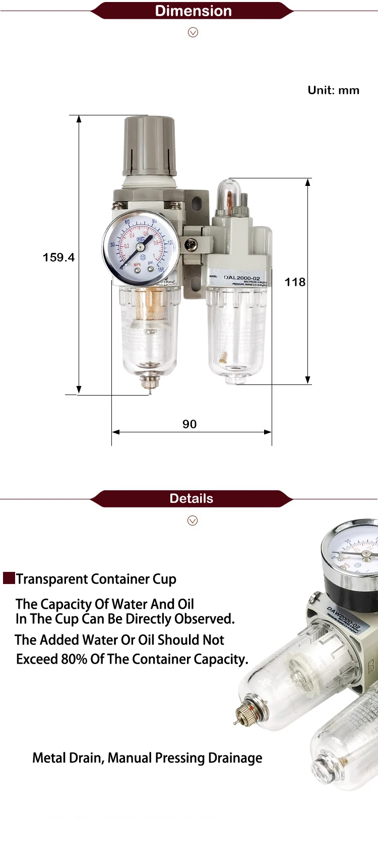 filtre de compresseur alimentation de drainage filtres régulateur de pression séparateur