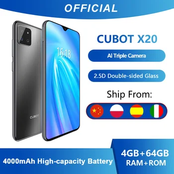 Перейти на Алиэкспресс и купить Cubot X20 AI Triple Camera задняя тройная камера 4 Гб + 64 Гб Смартфон 6,3 дюйма FHD + двухсторонний стеклянный корпус Google Android 9,0 мобильный телефон Face ID Cellura ...