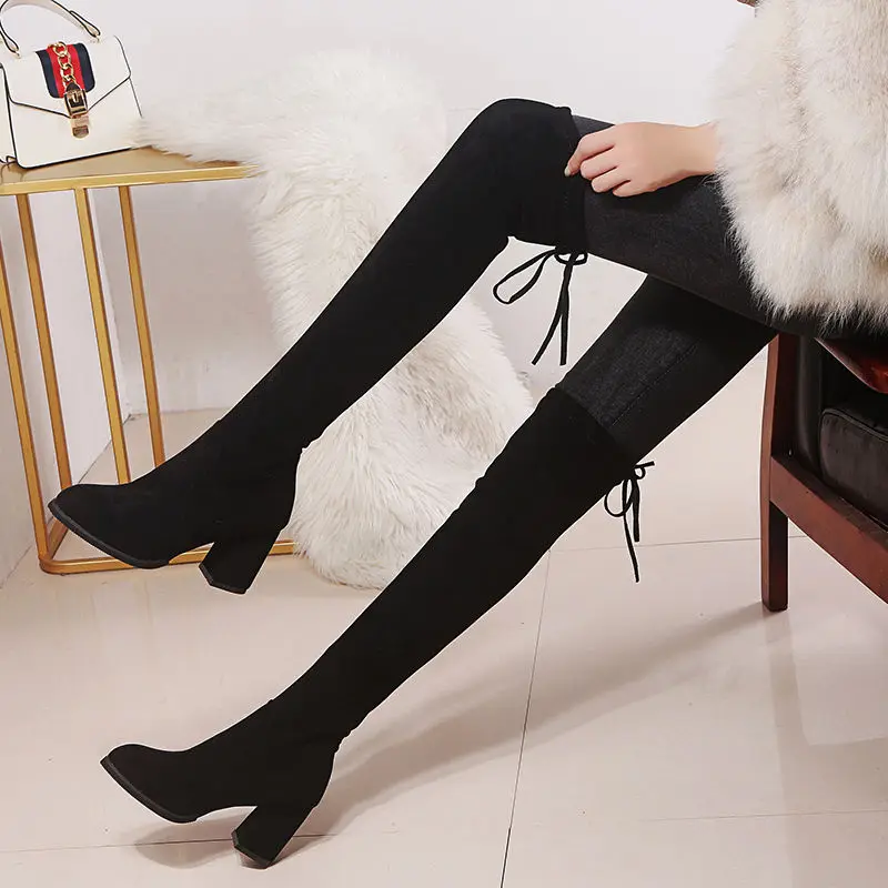 Botas de ante elásticas sin cordones para mujer, zapatos de tacón altos hasta la rodilla, tacón grueso, Botas Largas peludos