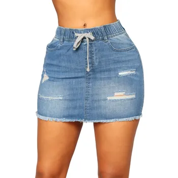 

Women Elastic Denim Skirts Summer Blue Solid Casual High Waist Pencil High Street Pockets Button All-matched Jeans Skirt #T1G