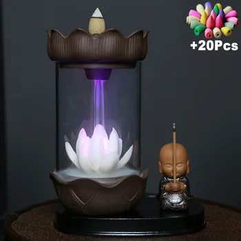 

Color Changing LED Light Windproof Waterfall Incense Burner Zen Peaceful Monk Lotus Incense Stick Holder Lucky Home Decoration