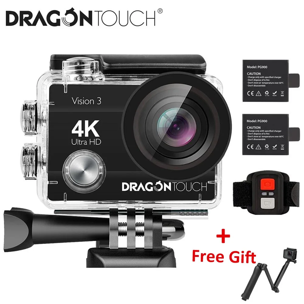 Экшн камера Dragon Touch 4K водонепроницаемая подводная с обзором 16 МП угол обзора 170 ° Wi