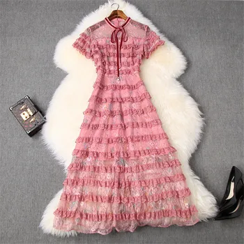 

2020 Women Spring Summer Dress Runway Designers Short Sleeve Bowknot Ruffle Layered Cake Tulle Lace Dress Sexy Party Dresses