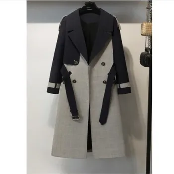 

Color Block Trench Outwear Waist Belt Patch Work Plaid Check and Solid Black Double Breasted Spring Autumn Women Coat