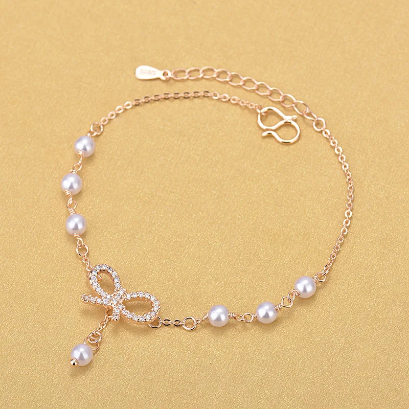 Rose Gold Champagne Chain Pearl Beads Bracelets Rhinestone Bowknot Charm Bracelets Jewelry For Gift - Окраска металла: Rose Gold